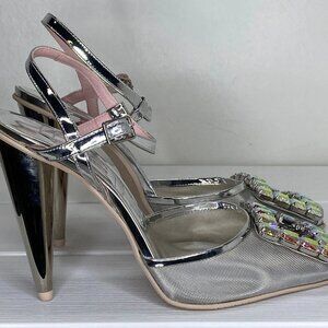 Ras Women’s Silver Mesh Jewel Pumps – Size 9 – Ankle Strap – High Cone Heel –